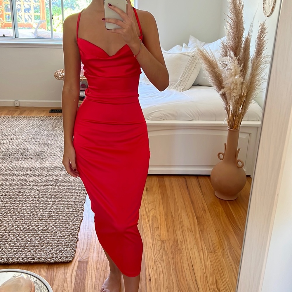 Red body con backless strappy cowl neck dress